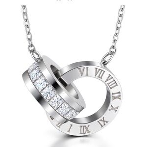 Roman Numeral Stainless Steel Necklace with Crystal Accents